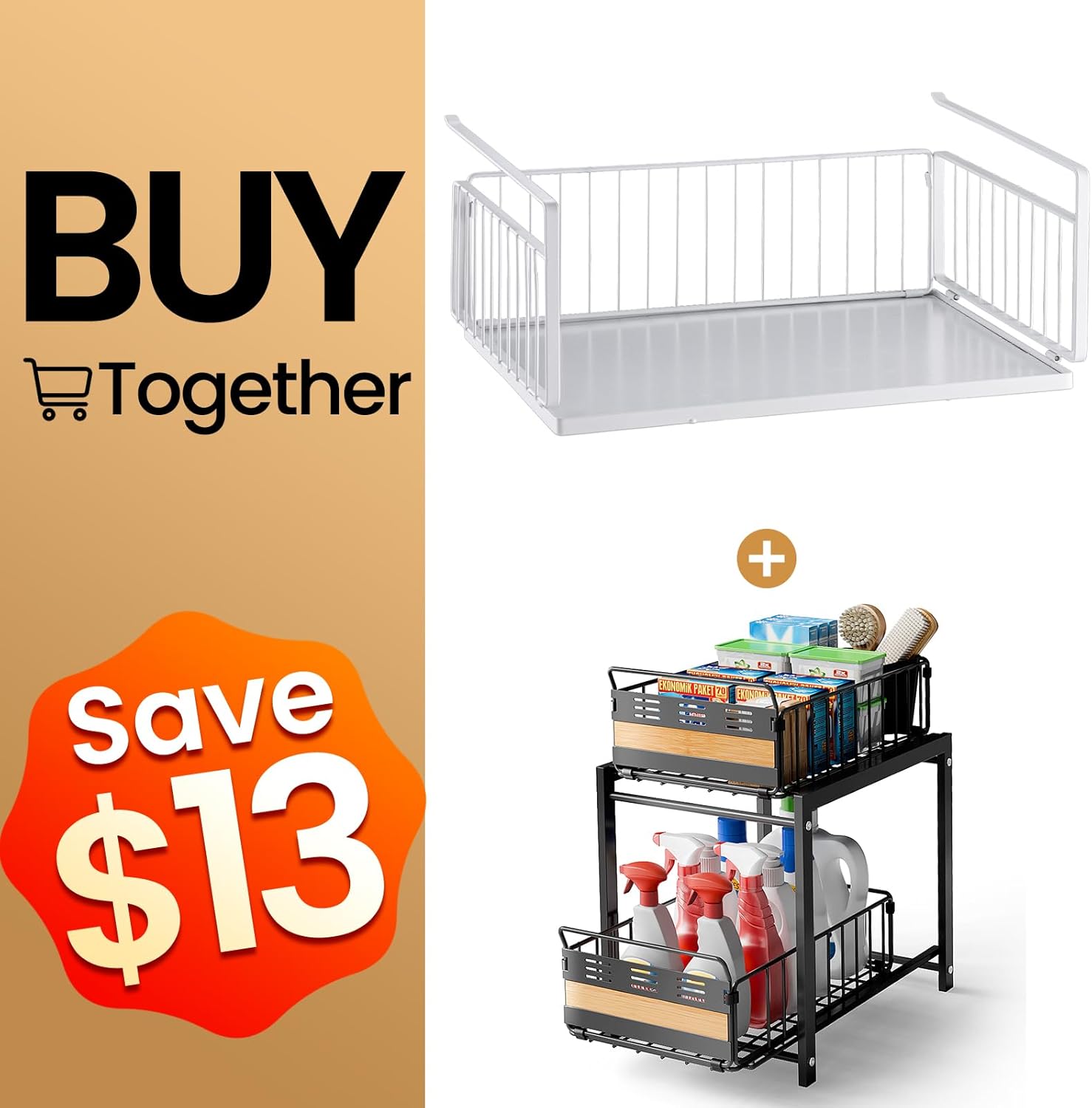 TAILI Under Shelf Basket(XL) & 2 Tier Pull Out Cabinet Organizer Slide Out Sink Shelf, Hanging Organizer Racks for Kitchen Bathroom, Under Sink Organizing