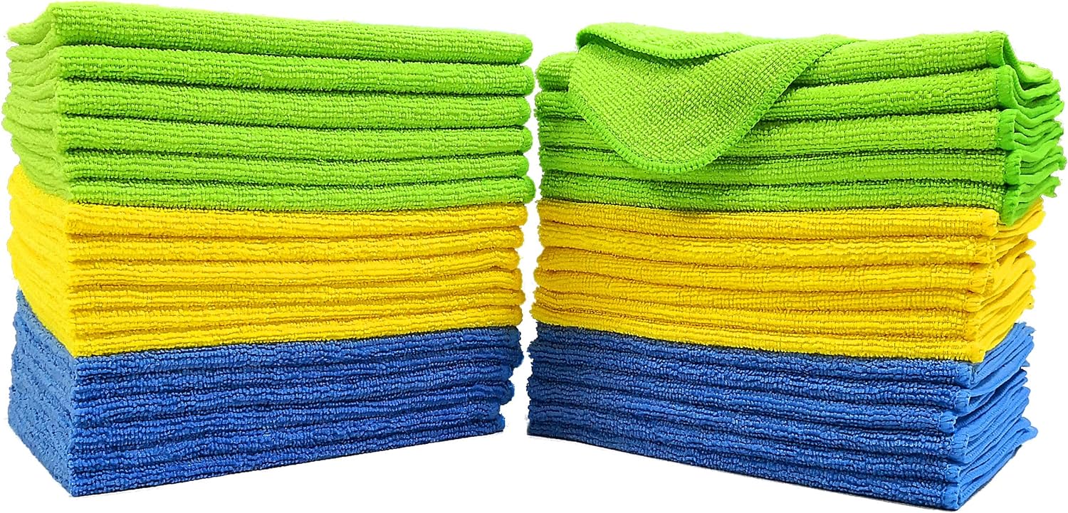 POLYTE Microfiber Cleaning Cloth, 12 x 16 in, Blue, Green, Yellow, 36 Pack