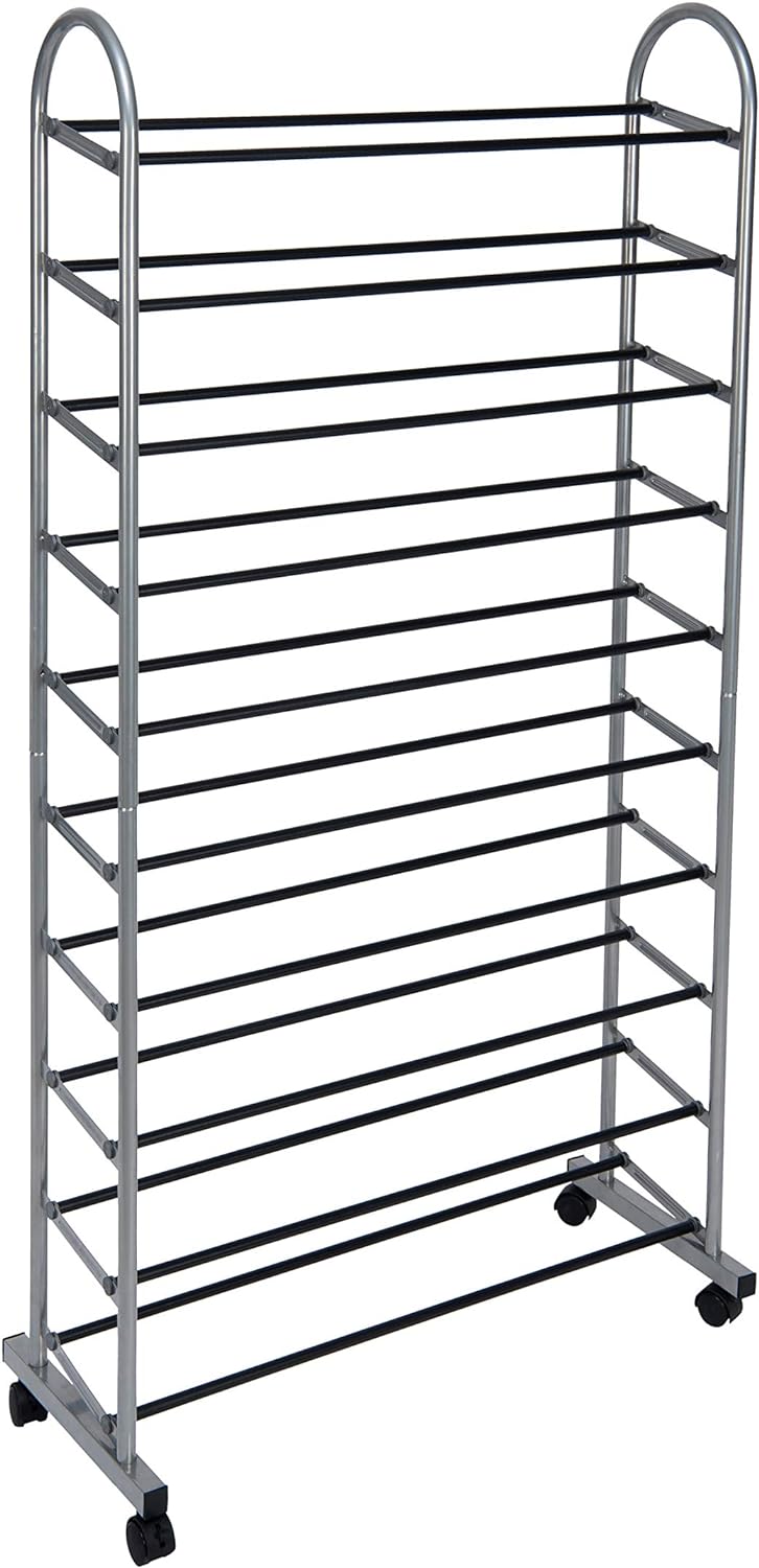 Simplify 10 Tier Mobile Shoe Rack | 40 Pairs Shoes | Free Standing | Wheels | Closet Storage | Bedroom Organization | Sneakers | Heels | Boots | Grey