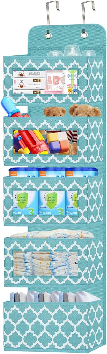 VERONLY Over the Door Organizer Hanging -Wall Mount Storage Holder with 5 Pockets and 2 Metal Hooks,Closet Door Organizer for Baby Kids Toys, Diapers, Nursery,Bedroom,Playroom,Bathroom(Blue)