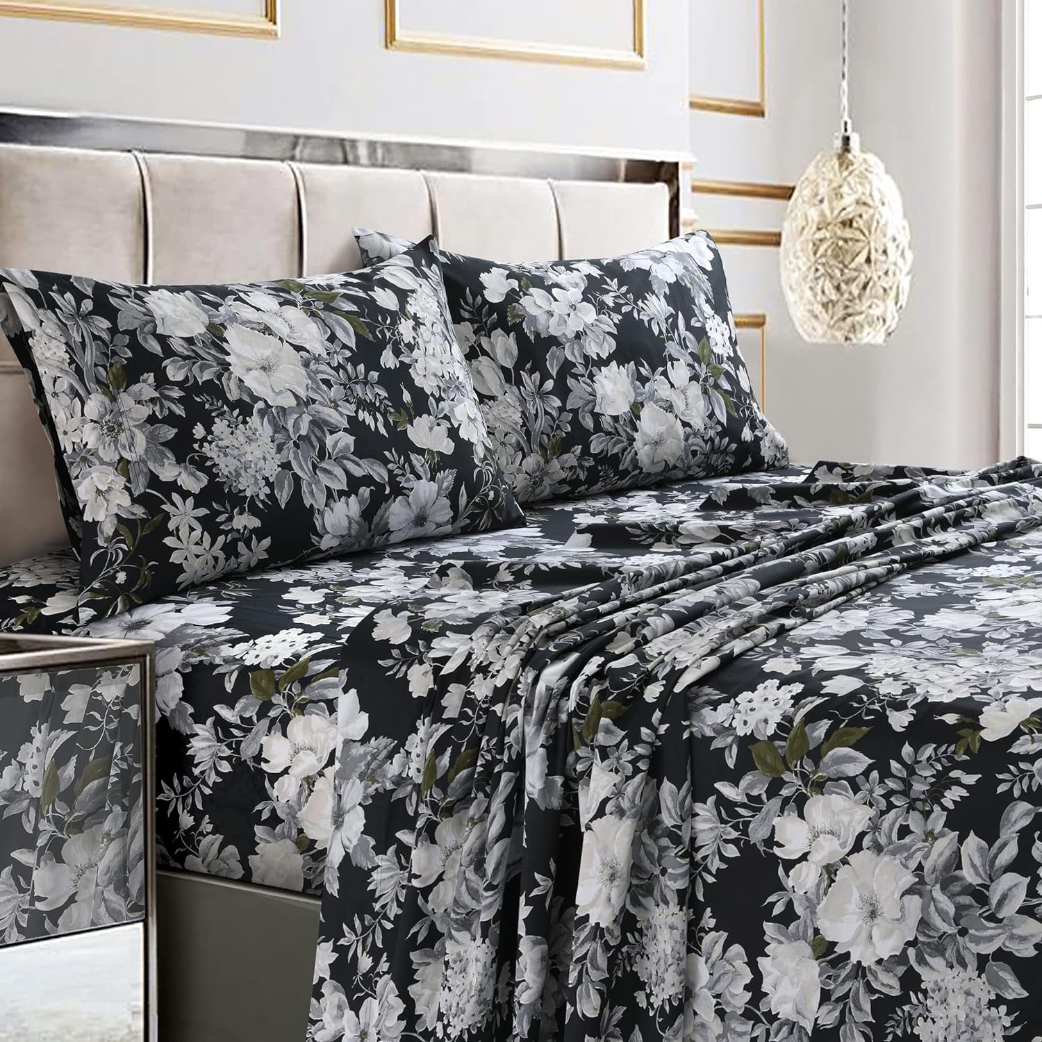Tribeca Living Queen Bed Sheet Set, Soft Cotton Sateen Printed Sheets Floral Print, Extra Deep Pocket, 300 Thread Count, 4-Piece Bedding Sets, Vernazza Charcoal/Multi, (VERN4PSSQUCG)