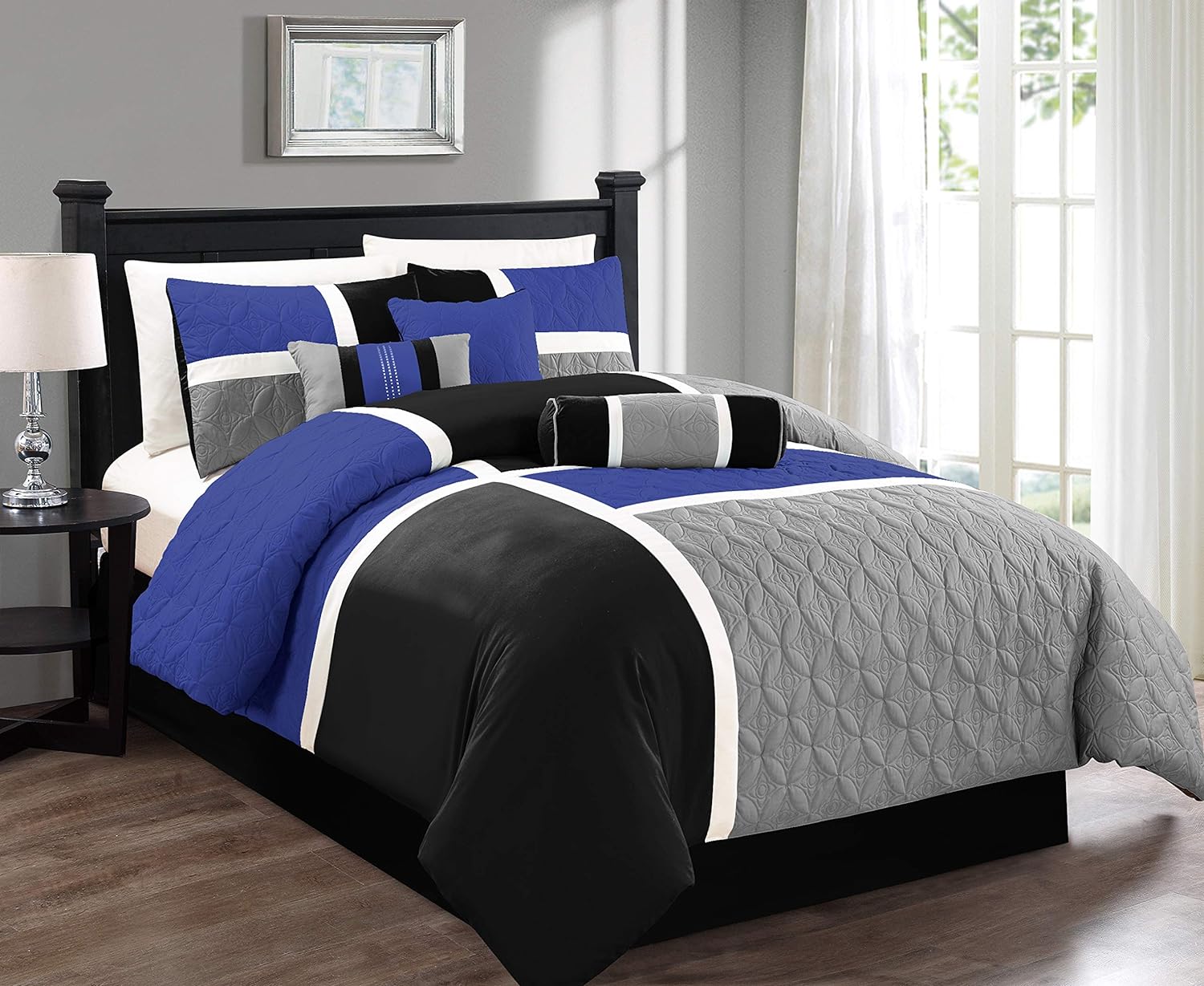 Chezmoi Collection Upland 7-Piece Quilted Patchwork Comforter Set, Blue/Black/Gray, Queen