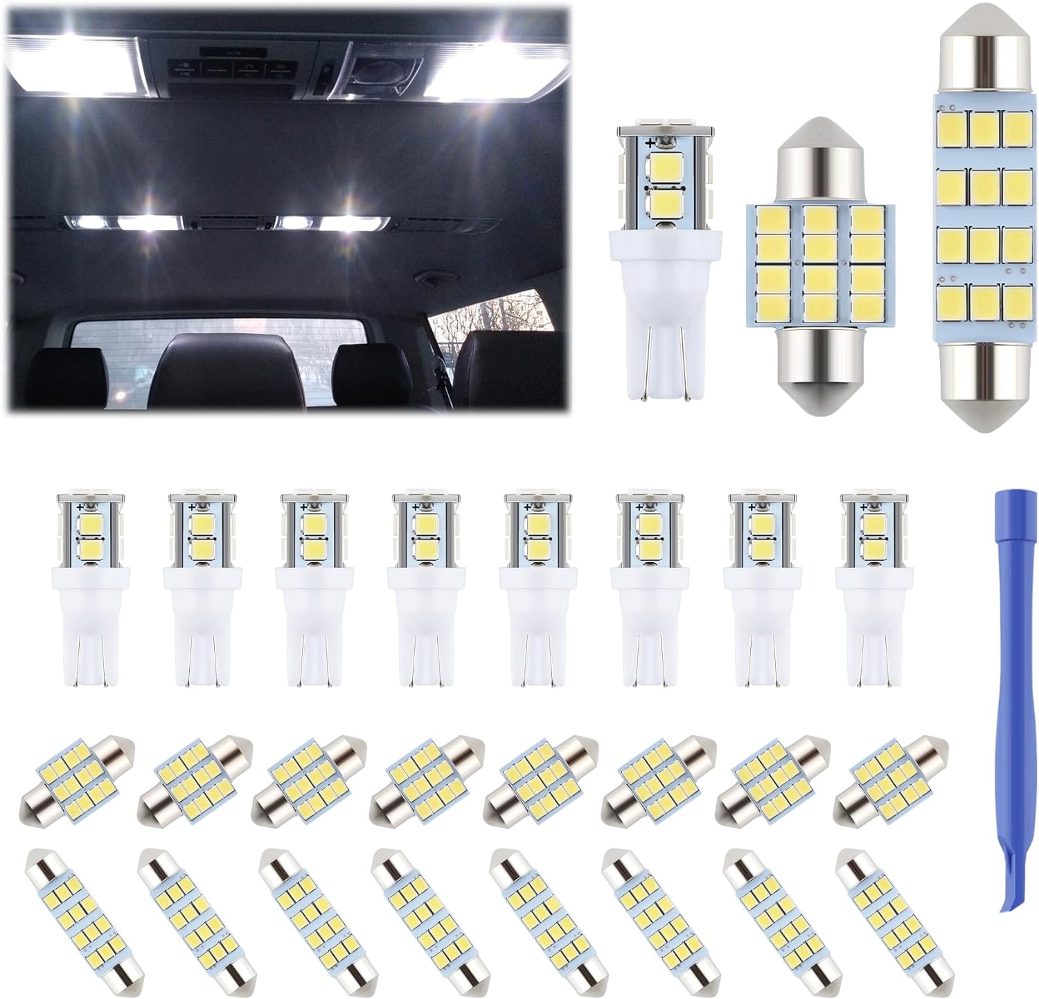 24 Pieces Dome Light LED Car Interior Bulb Kit Set 194 T10 DE3175 578 31mm 42mm Bulbs Interior Replacement Lights for Car Map License Plate Door Side Marker Cornering Trunk Light - White