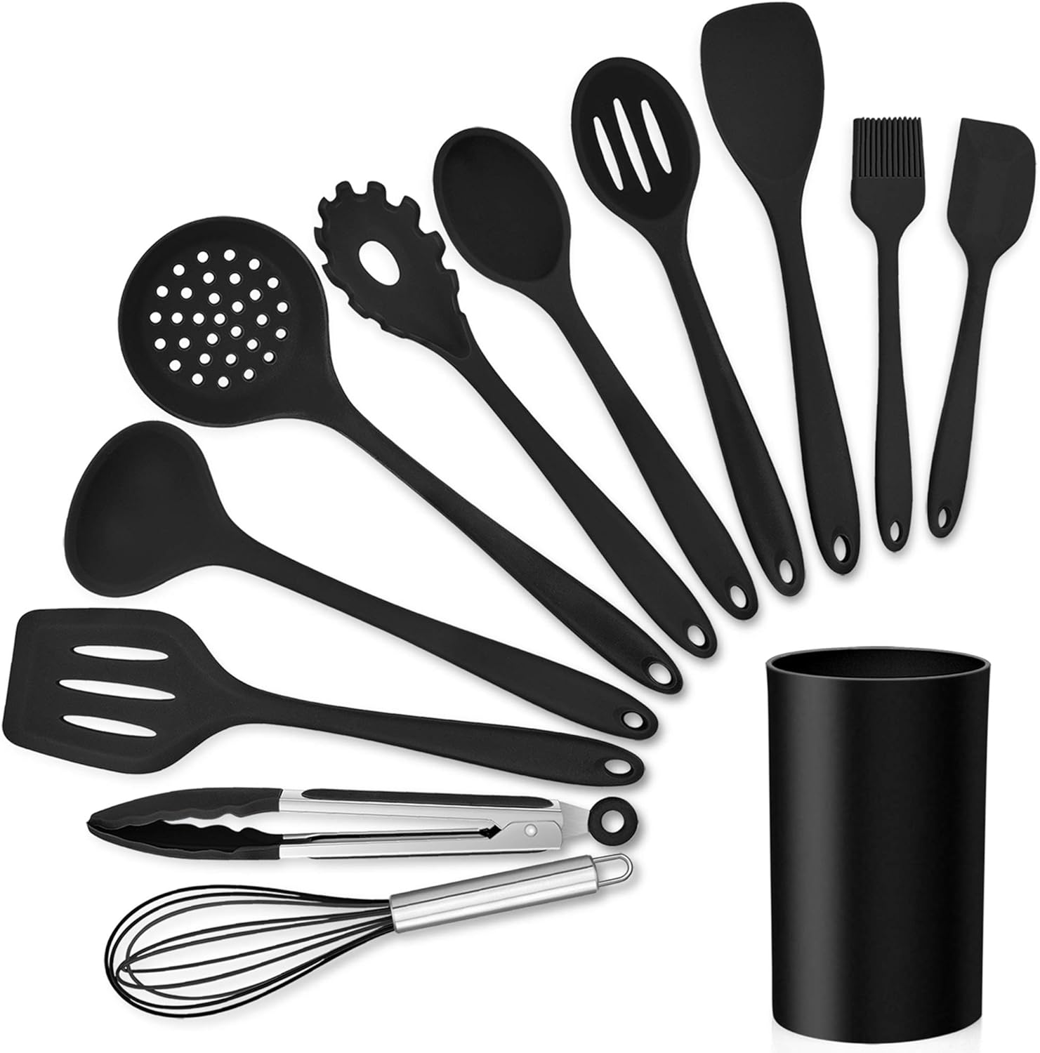 LIANYU 12-Piece Black Silicone Kitchen Cooking Utensils Set with Holder, Kitchen Tools Include Slotted Spatula Spoon Turner Ladle Tong Whisk, Dishwasher Safe