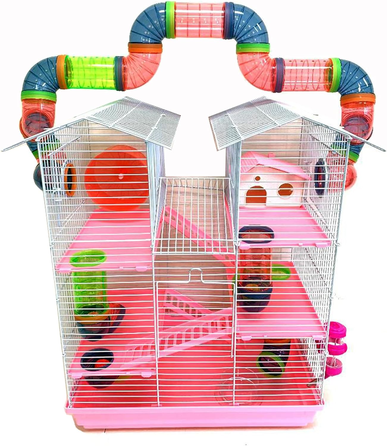 5-Floors Large Twin Tower Syrian Hamster Rodent Gerbil Mouse Mice Rat Cage with Crossover Tube Tunnel (Pink, with Crossover Tube)