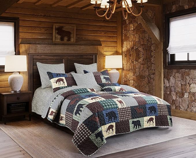 Virah Bella 3 Piece King Lodge Quilt Bedding Set - Wilderness Patch - Rustic Cabin Country Reversible Camping Comforter Set with Decorative Pillow Shams, Brown/Grey