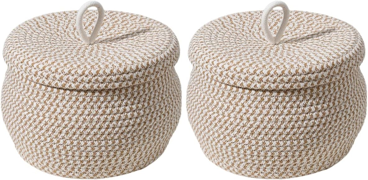This is a very well made, cute storage basket set. This package comes with 2 baskets and for the price, I think they are an excellent value. The woven fabric is pretty thick but the baskets themselves are soft and need to be shaped. It comes flat in the package but you have to open it up and shape them to get them to full size. Once you shape them, it retains it' shape pretty well and you can put the lid on and it looks great.