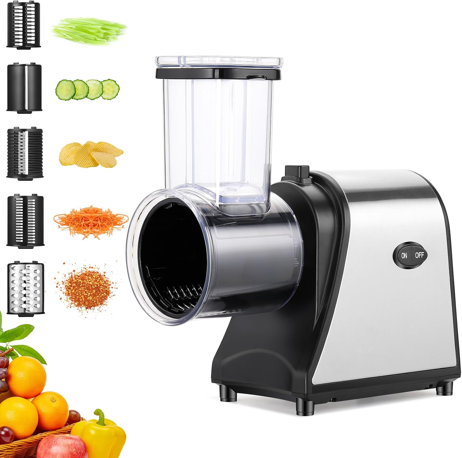 Electric Cheese Grater, 250W Electric Slicer Shredder with 5 Attachments, Salad Maker for Home Kitchen Use, Electric Salad Machine for Cheeses, Fruits, Vegetables