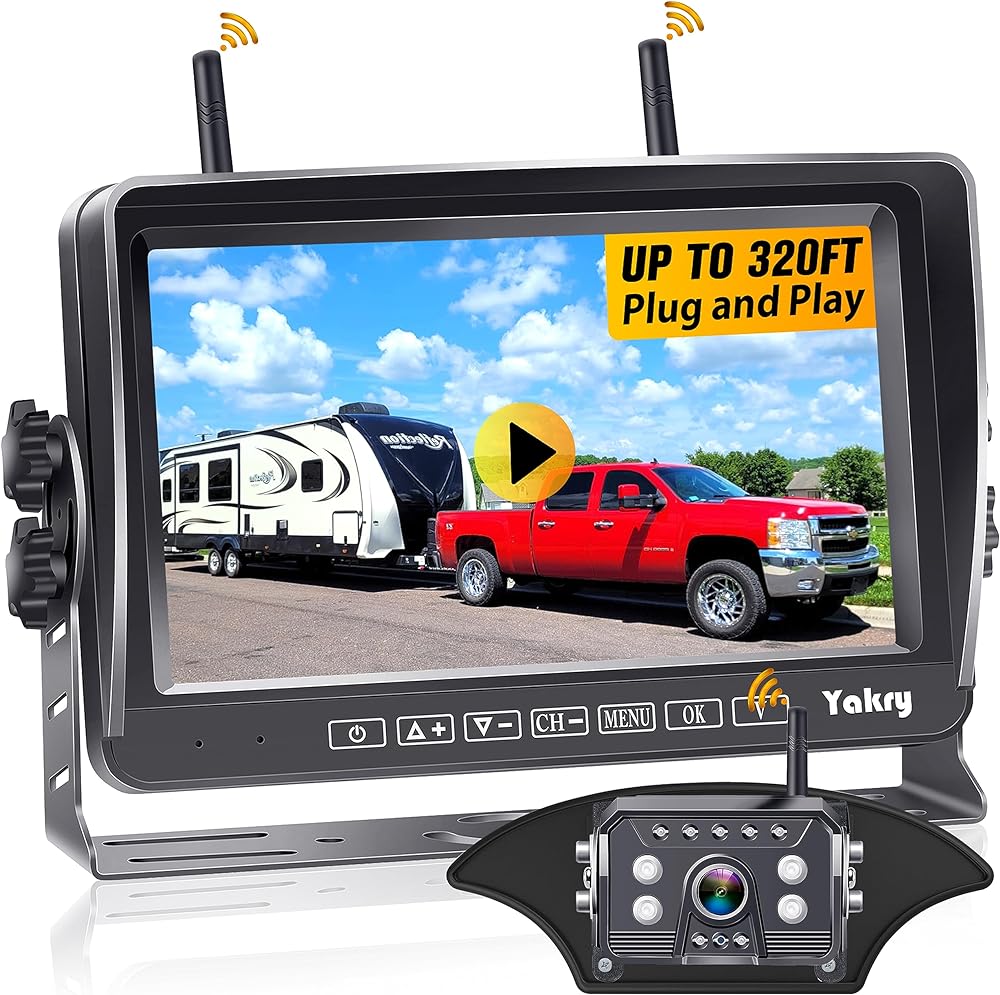 RV Backup Camera Wireless Pre-Wired Mount for Furrion - Clear Picture Plug and Play Dual Signal DVR Rear View Camera 7'' Touch Key Monitor 4 Channels for Camper Trailer 5th Wheel - Yakry Y31