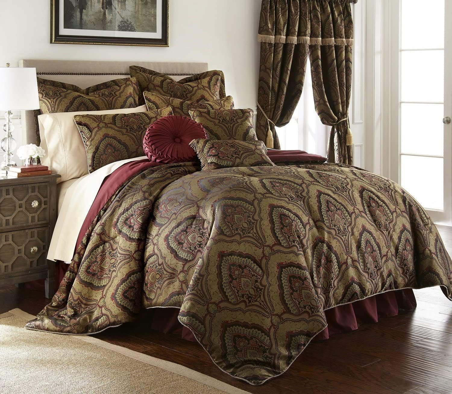 Chezmoi Collection Seville 9-Piece Jacquard Black Gold Maroon Red Medallion Paisley Oversized Comforter Set, Queen 92"x96"