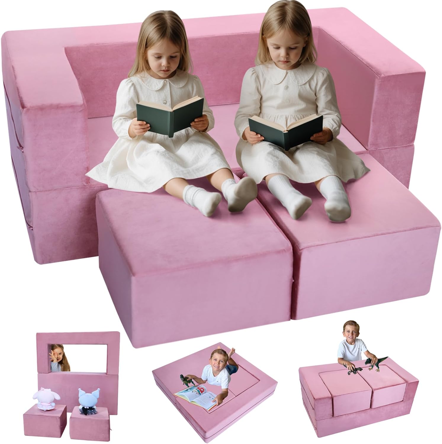 MeMoreCool Modular Kids Sofa,Toddler Play Couch Fold Out for Playroom, Pink Convertible Plush Foam Chair for Childrens