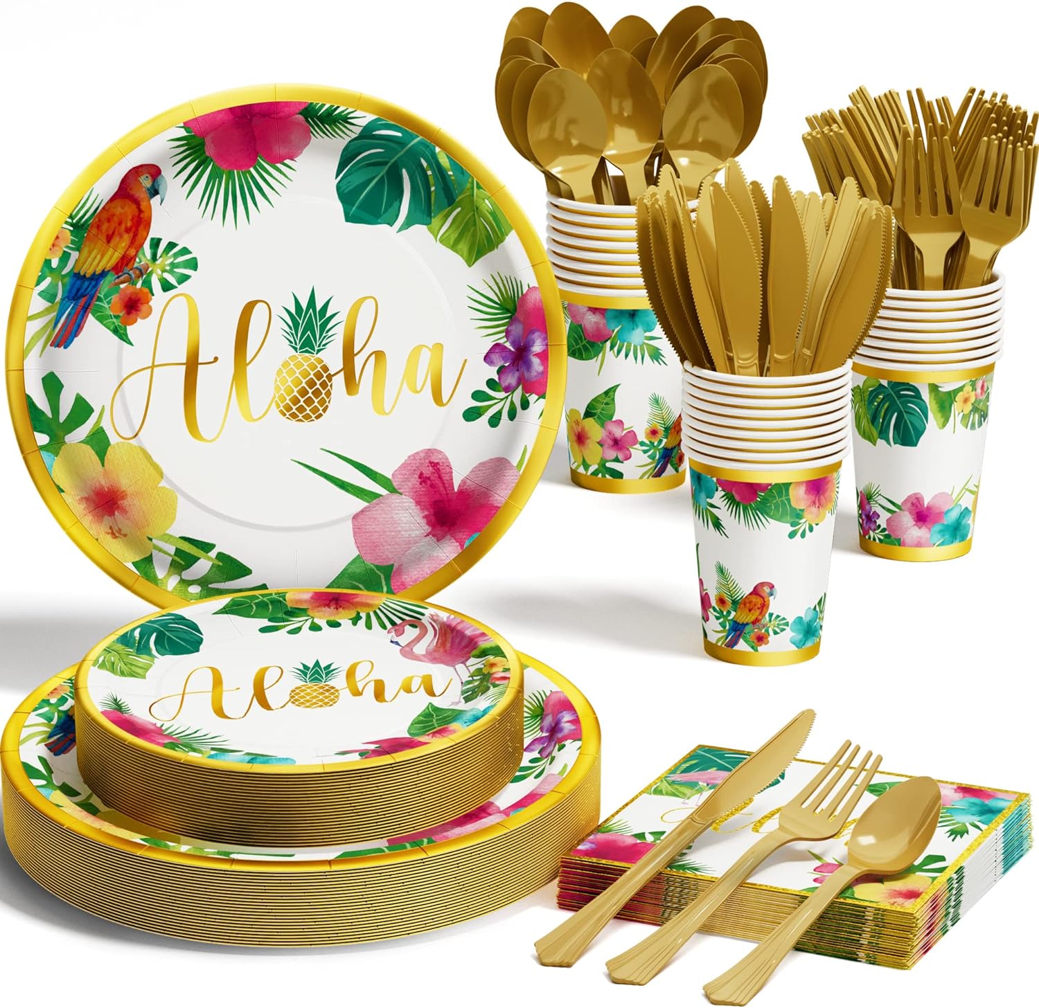 Tiblue Hawaiian Tropical Luau Party Decorations Supplies - 175 PCS Aloha Birthday Disposable Dinnerware Set (25 Guest) With Paper Plates Cup Napkin Plastic Fork Knives Spoon for Summer Holiday - Gold