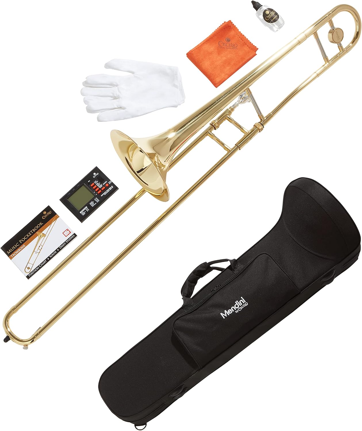 Mendini by Cecilio Trombone Kit - Bb Tenor Brass Instruments for Kids, Beginners w/Case & Gloves