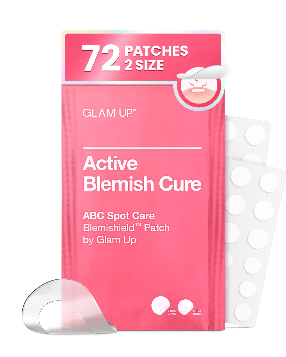 GLAM UP Hydrocolloid Blemish Pimple Zit Patches - Invisible Ultra Thin Spot Cover Stickers for Face and Skin, Strong Water-proof and Adhesive Overnight, Vegan-friendly (72 Count / 2 Sizes)