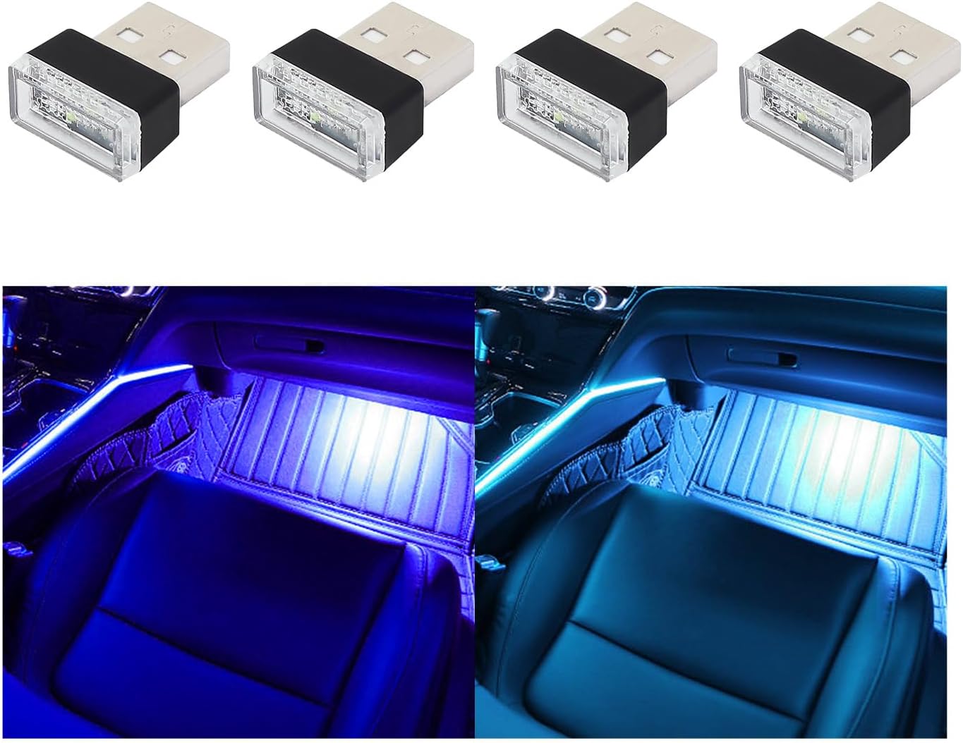 4 PCS USB LED Car Interior Atmosphere Lamp, Plug-in USB Decor Night Light, Portable Auto Ambient Lighting Kit, Universal Vehicle Interior Accessories for Most Cars (Blue & Ice Blue)