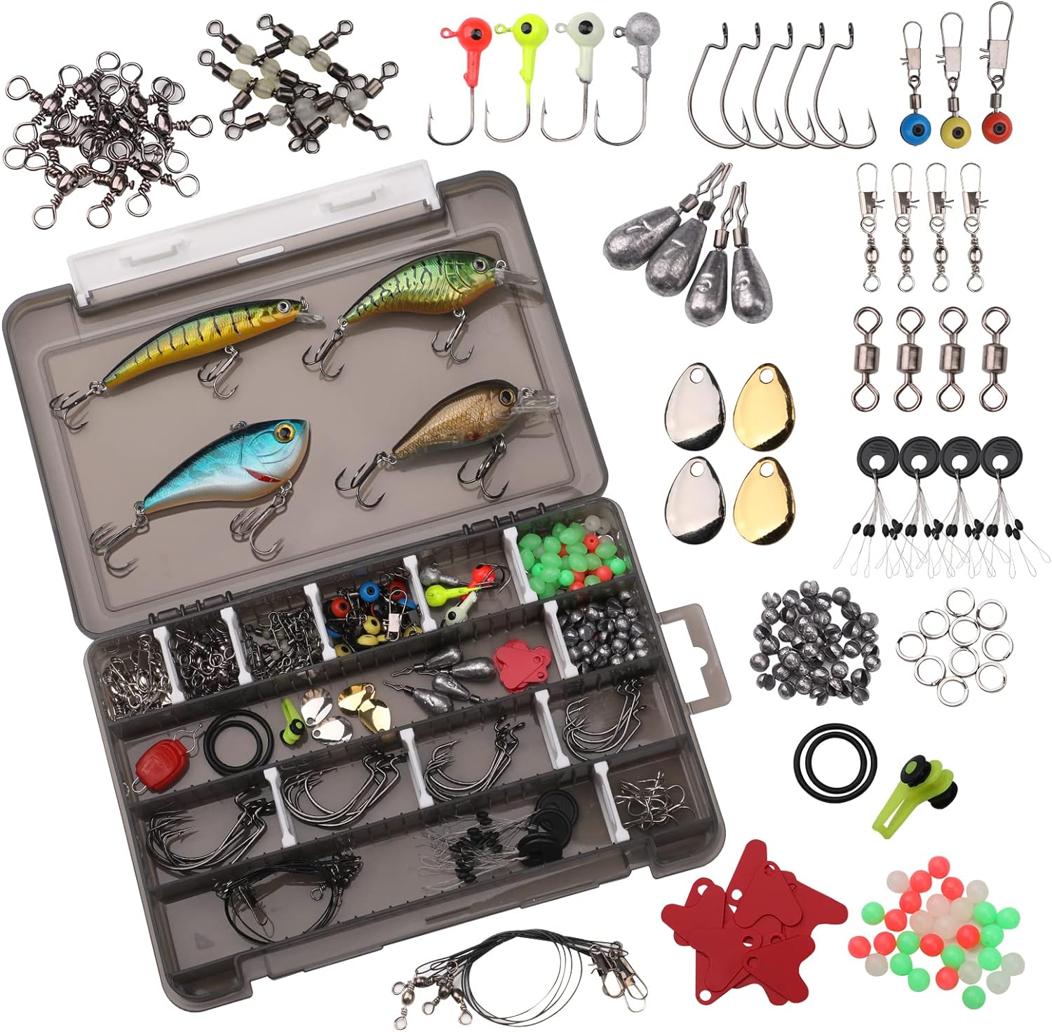 Gear Fishing Accessories Kit 222pcs,Fishing Tackle Gifts For Men Including 4pcs Fishing Lures,Bait Hanger, Front Wire, Space Bean, Red Heart, Swivel, Bass Casting Weights Sinkers