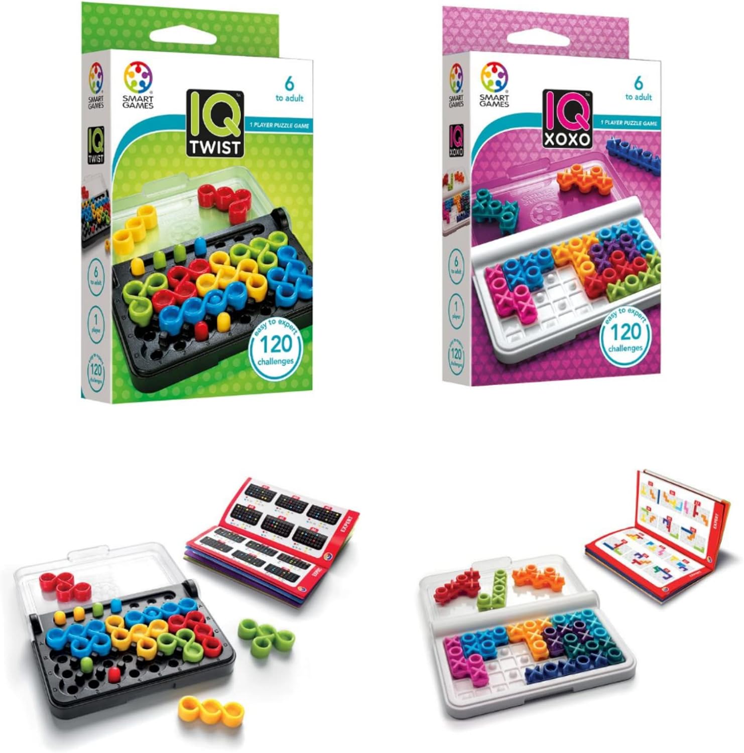 SmartGames IQ Bundles Color Series: IQ Twist & IQ XOXO 240 Challenges for Ages 6-Adult