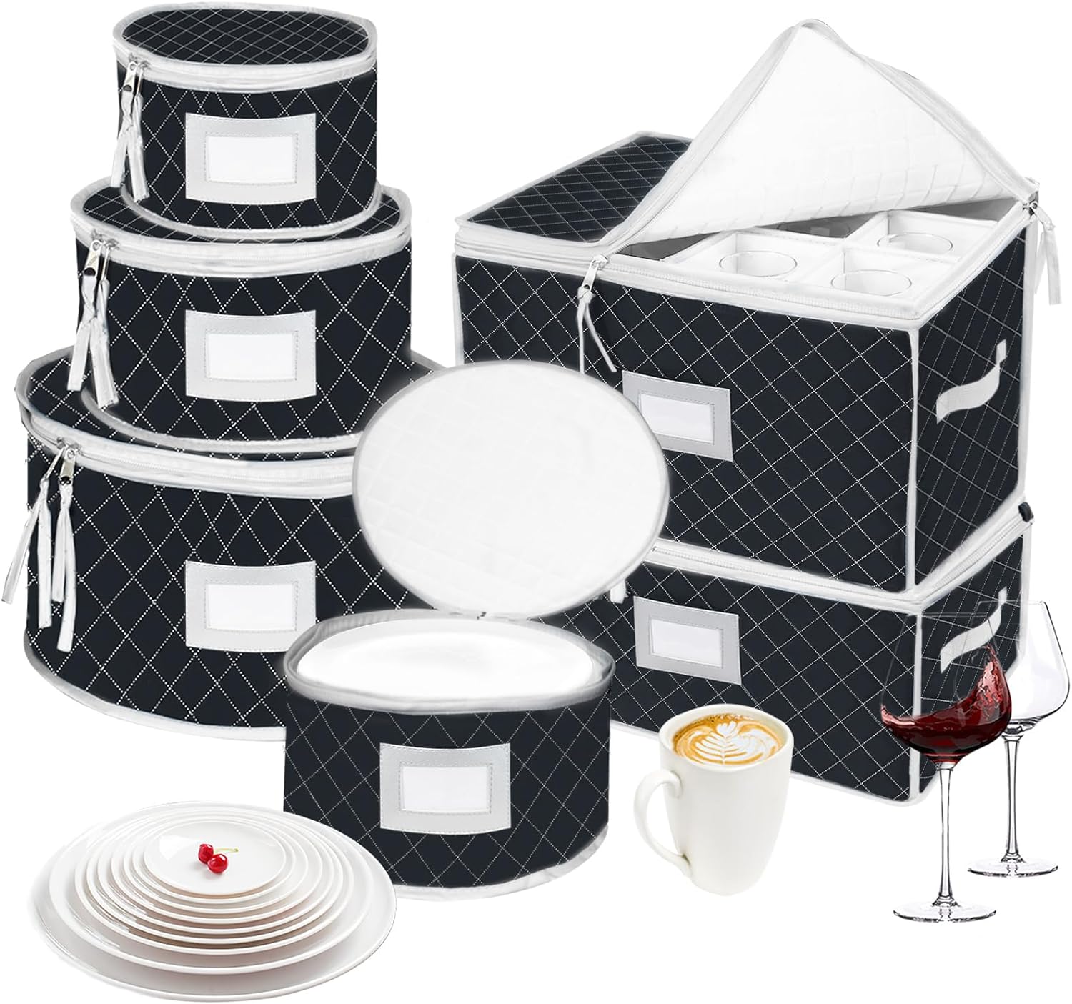 VERONLY China Dinnerware Storage Containers Set- Dish,Mug,Stemware Storage Cases - Quilted Box Bins Stackable with Divider,handles,Clear Window for Cups,Plates,Wine Glasses Moving Set of 6 (Black)