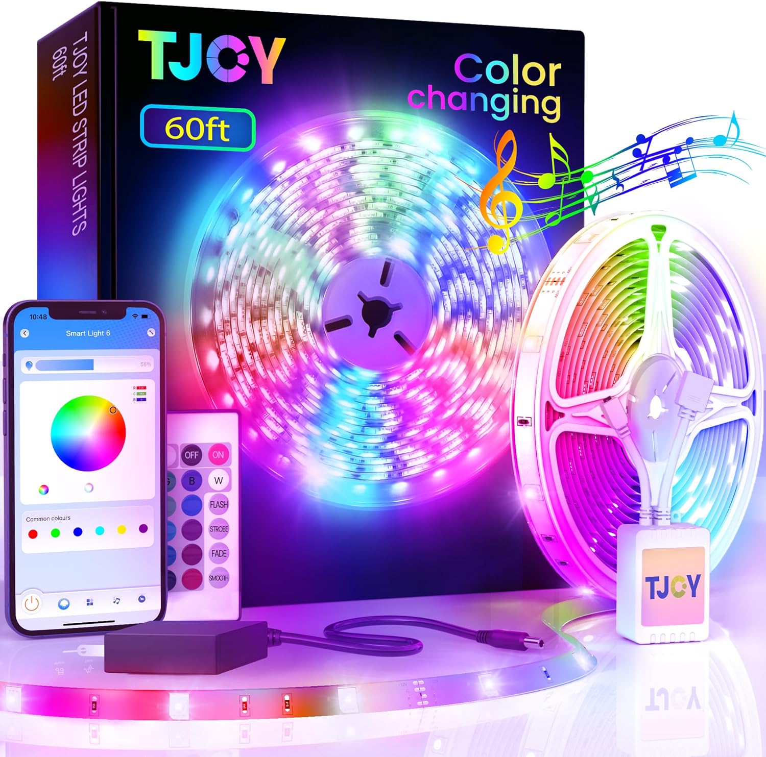 TJOY 60ft Bluetooth LED Strip Lights, Music Sync LED Lights Strip,RGB Color Changing LED Lights with Remote,Smart Phone APP Control,LED Lights for Bedroom,Ceiling,Room DIY(APP Remote  Mic/60ftx1)