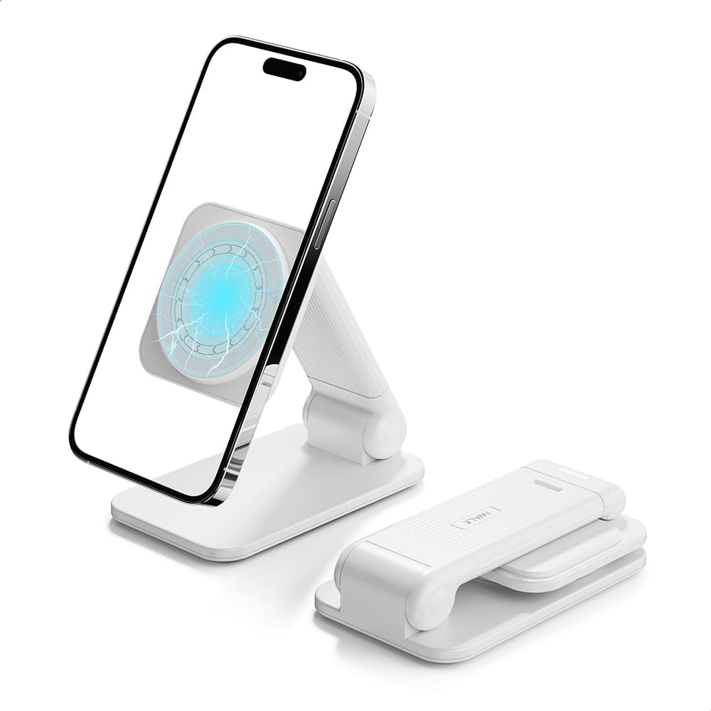 iWALK StandMe Mag Foldable Magnetic iPhone Stand for Desk, Height Adjustable Hands-Free Magnetic Phone Holder Stand, Compatible with iPhone 15 14 13 12 Series(1 Pack) (White)