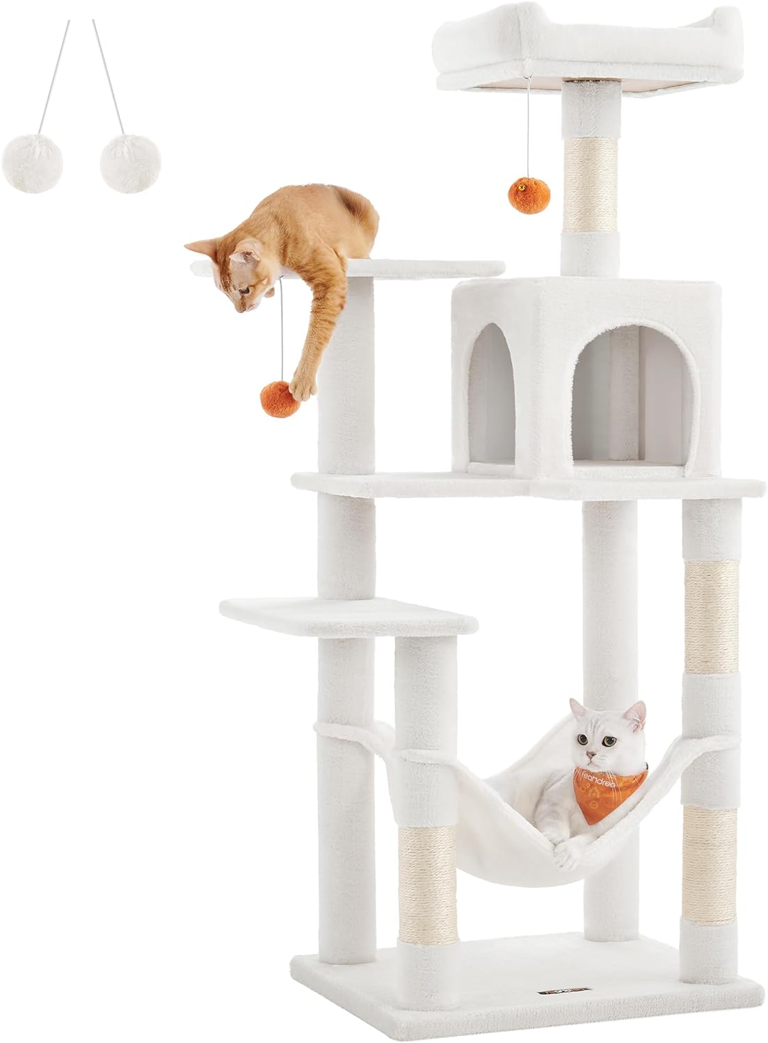 Feandrea Cat Tree, 56.3-Inch Cat Tower for Indoor Cats, Multi-Level Cat Condo with 4 Scratching Posts, 2 Perches, Hammock, Cave, Cream White UPCT161T01