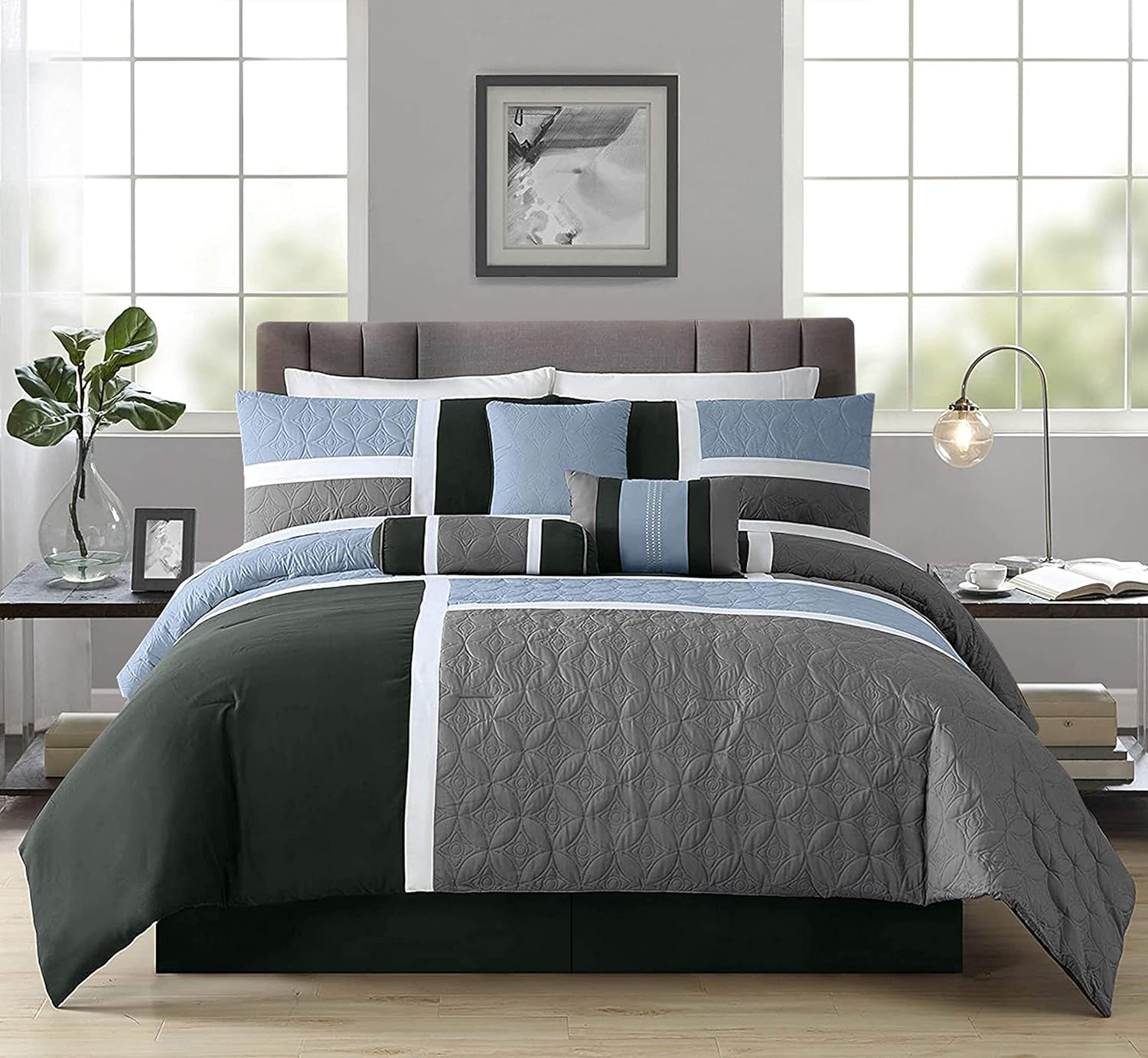 Chezmoi Collection Upland 7-Piece Quilted Patchwork Comforter Set, Gray/Light Blue/Charcoal, California King