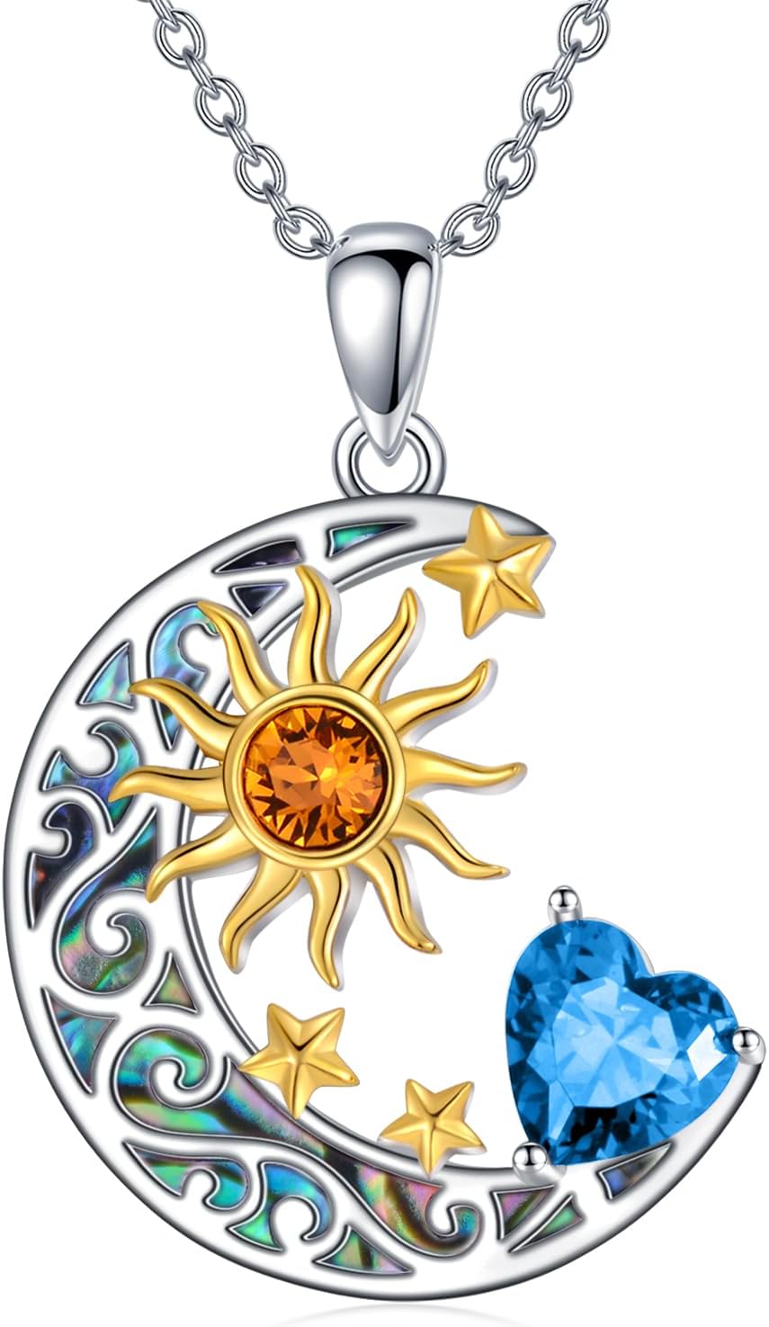 AOBOCO 925 Sterling Silver Sun and Moon Star Pendant Necklace with Simulated Birthstone, Birthday Christmas Jewelry Gift for Women Teen Girls