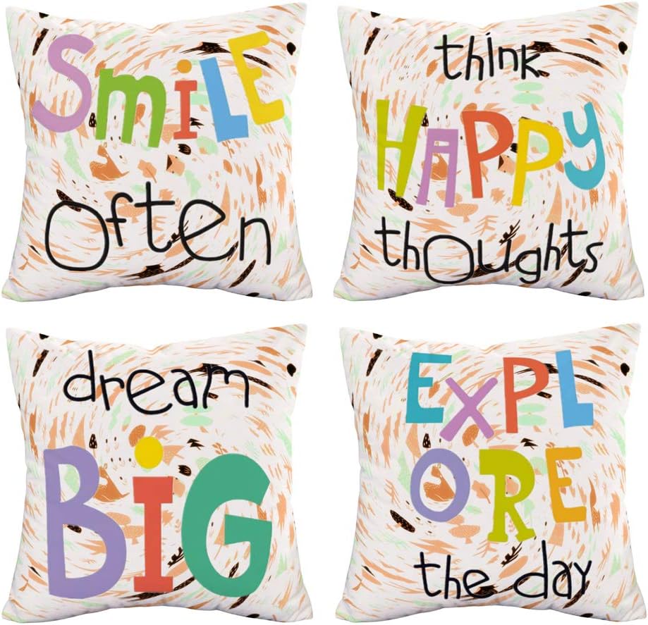 Colorful Quotes Saying Pillow Covers 18x18 Inch Inspirational Words Decorative Super Soft Throw Pillow Case Cushion Protector Set of 4,Cartoon Font Dream Big,Smile Often,Think Happy,Explore