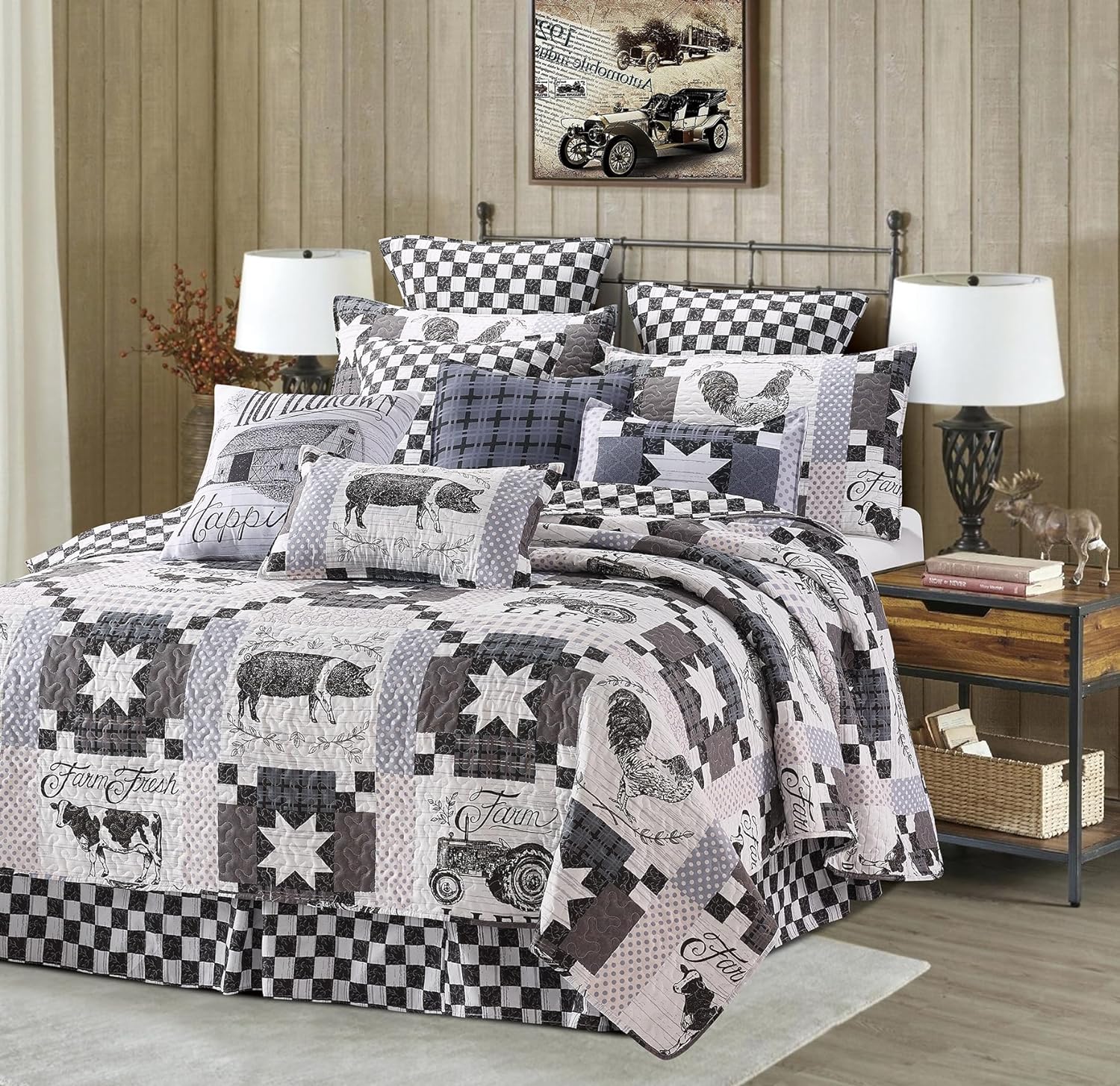 Virah Bella 3 Piece King Cabin Quilt Bedding Set - Farm Life - Rustic Country Reversible Patchwork Comforter Set with Decorative Pillow Shams