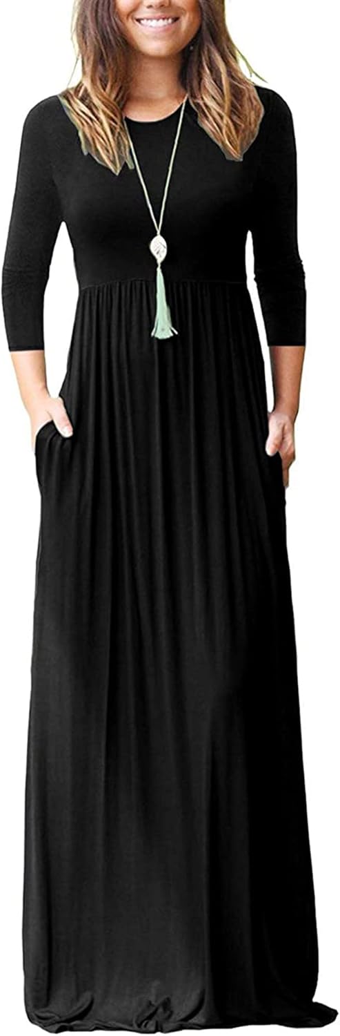 WNEEDU Women' 3/4 Sleeve Casual Loose Long Maxi Dresses with Pocket