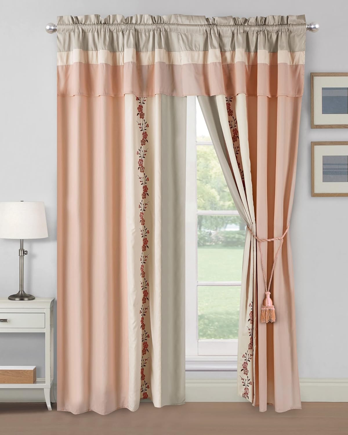 Chezmoi Collection Linnea 4-Piece Luxury Blush/Neutral/Taupe Cherry Blossom Floral Embroidery Window Curtain Panel Set with Sheer Backing Valance Tassels, 120 inch x 84 inch