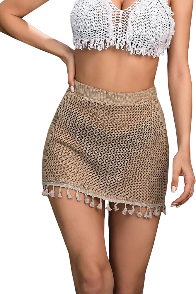 SOLY HUX Women's Elastic Waist Tassel Crochet Hollow Out Sheer Beach Swimwear Cover Up Mini Skirt Mini Skirt