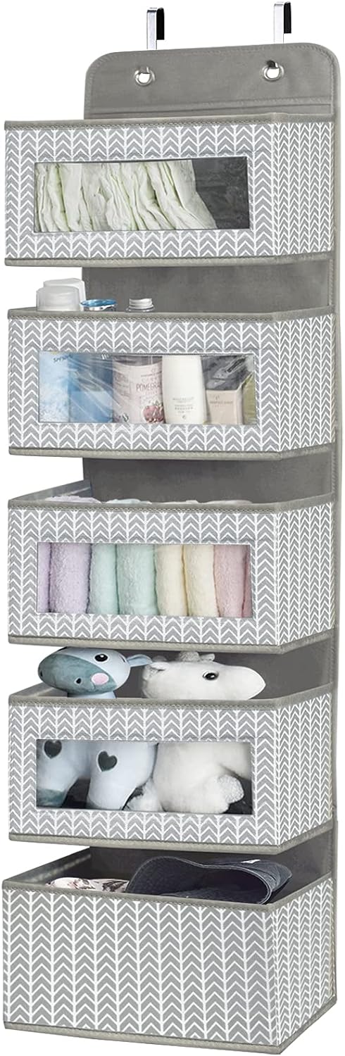 Over the Door Hanging Organizer with 5 Large Pockets - Wall Mount Pantry Storage with Clear PVC Window & 2 Big Metal Hooks for Closet,Bathroom,Nursery,Bedroom,Dorm,Baby Diapers,Kids Toys (Gray)