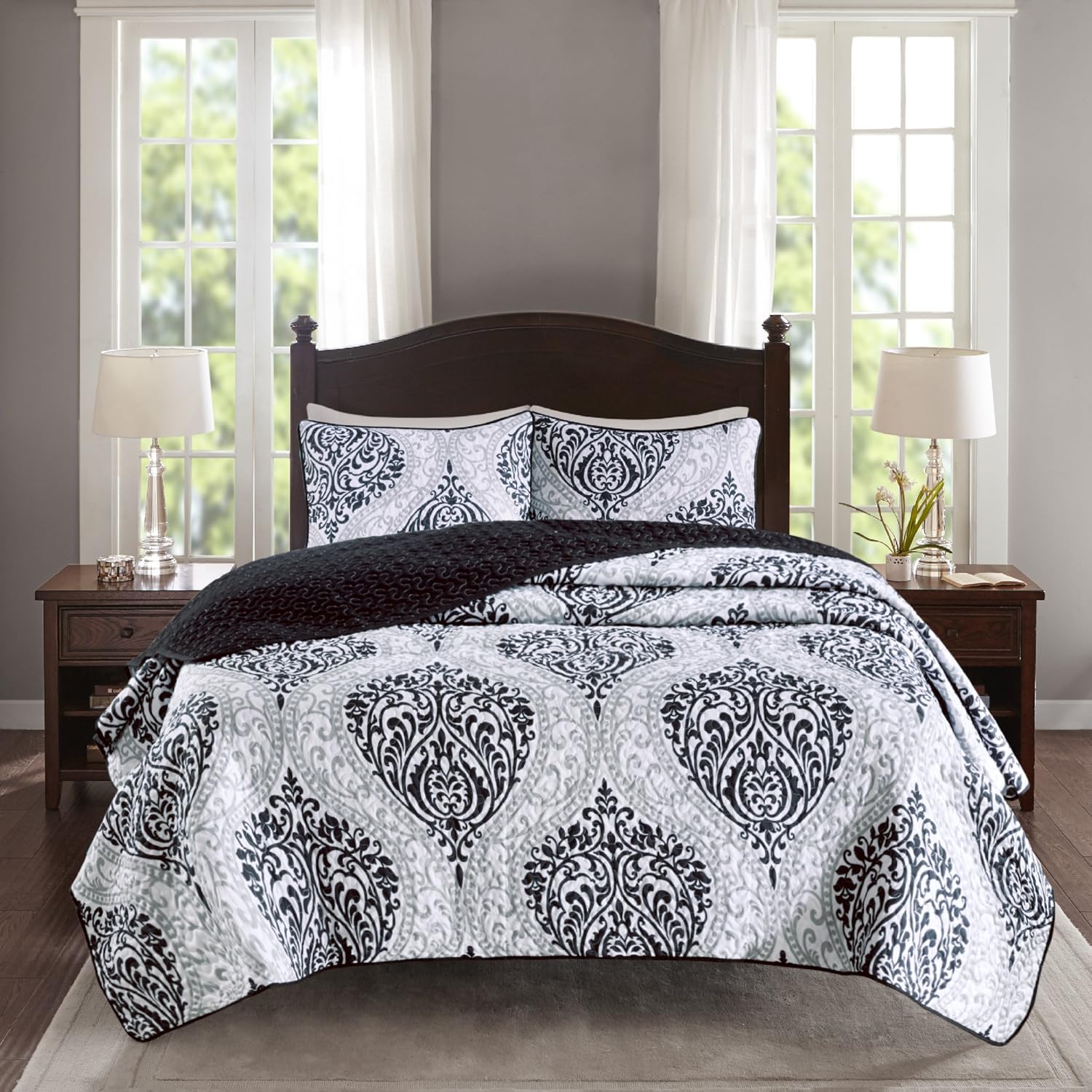 Comfort Spaces Coco 3 Piece Quilt Coverlet Bedspread Ultra Soft Printed Damask Pattern Hypoallergenic Bedding Set, Full/Queen, Black