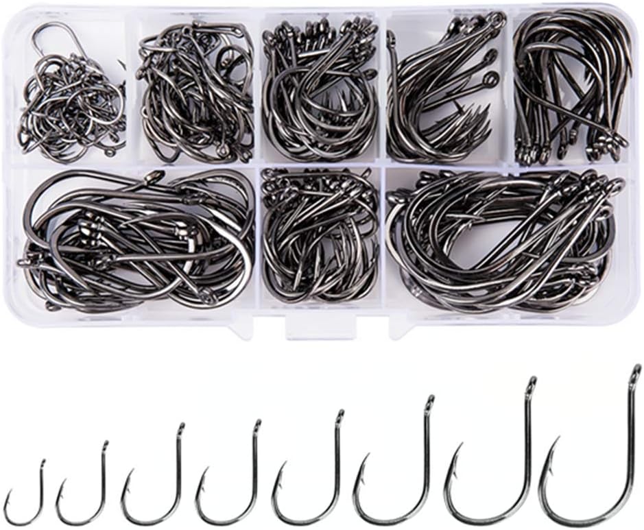 240pcs/box Large Size Premium Fishhooks, 8 Sizes Strong Custom Offset Sport Black High Carbon Steel Barbs Fishing Hooks