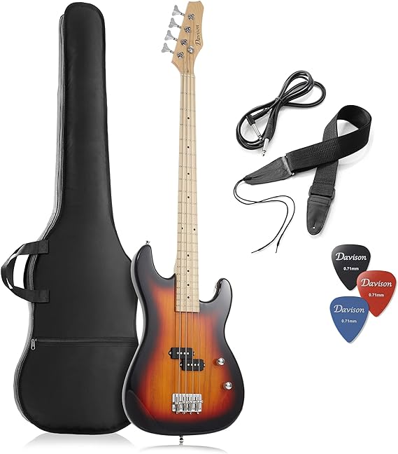 Guitars 4-String Electric Bass Guitar, Sunburst - Full Size Right Handed Beginner Kit with Gig Bag and Accessories