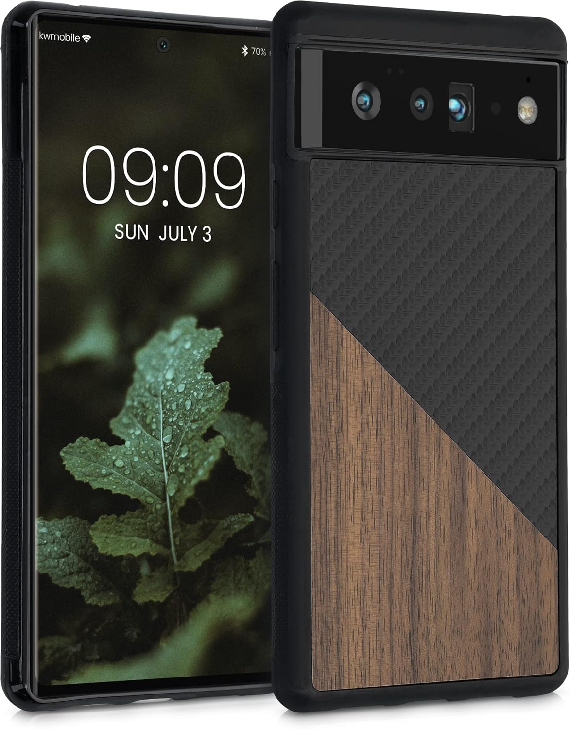 kwmobile Case Compatible with Google Pixel 6 Pro - Hard Phone Cover with TPU Bumper and Wood/Carbon Back - Dark Brown/Black