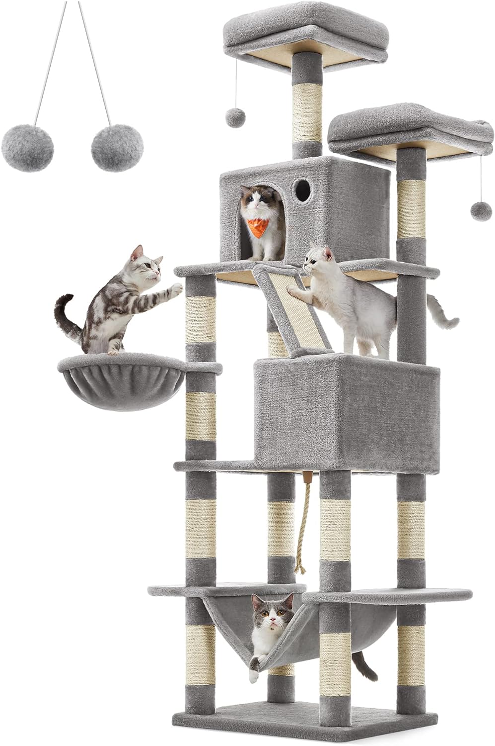 Feandrea Cat Tree, 81.1-Inch Large Cat Tower with 13 Scratching Posts, 2 Perches, 2 Caves, Basket, Hammock, Pompoms, Multi-Level Plush Cat Condo for Indoor Cats, Light Gray UPCT190W01