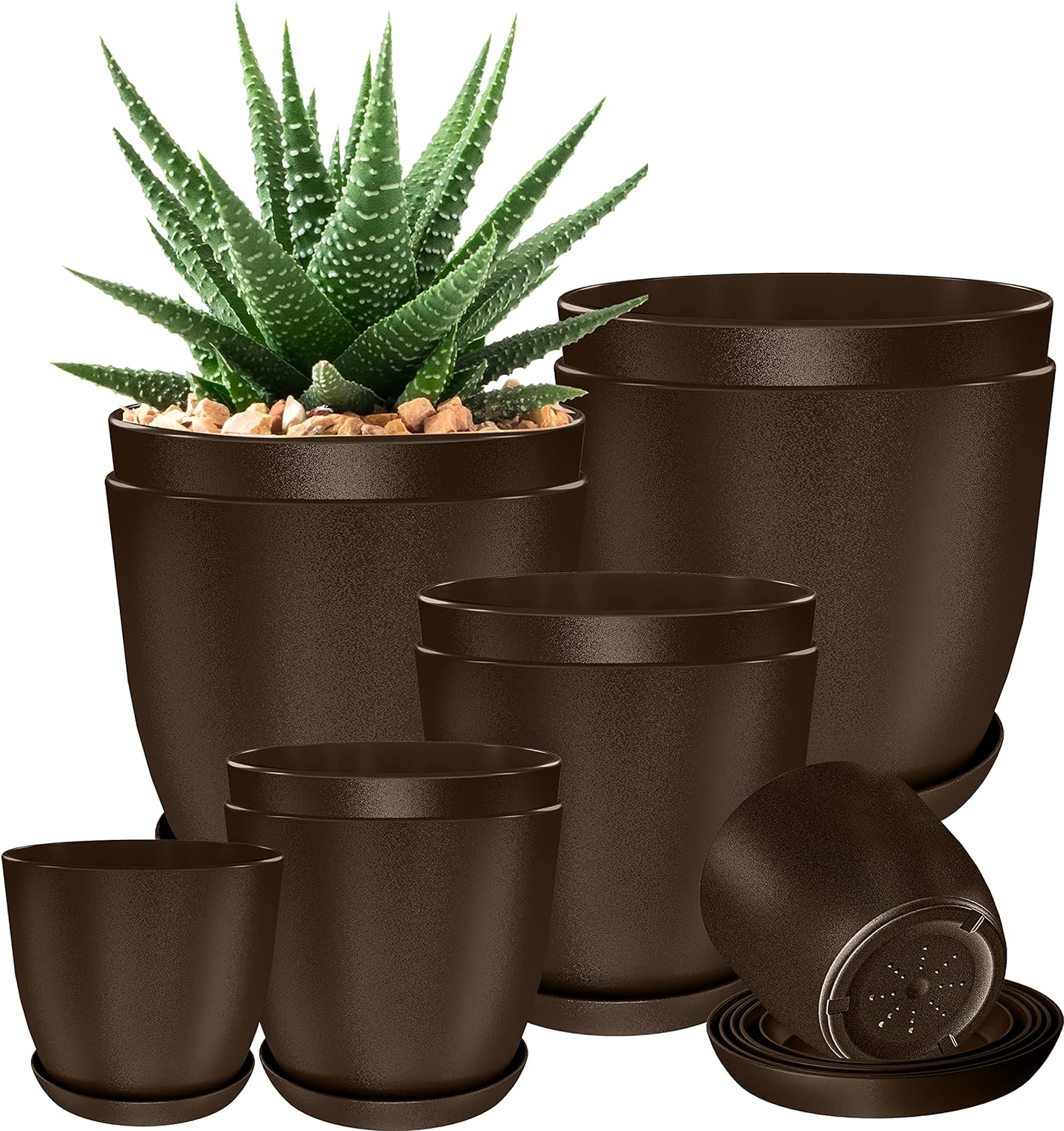 Utopia Home - Plant Pots with Drainage - 7/6.6/6/5.3/4.8 Inches Home Decor Flower Pots for Indoor Planter - Pack of 10 Plastic Planters, Cactus, Succulents Pot - Brown