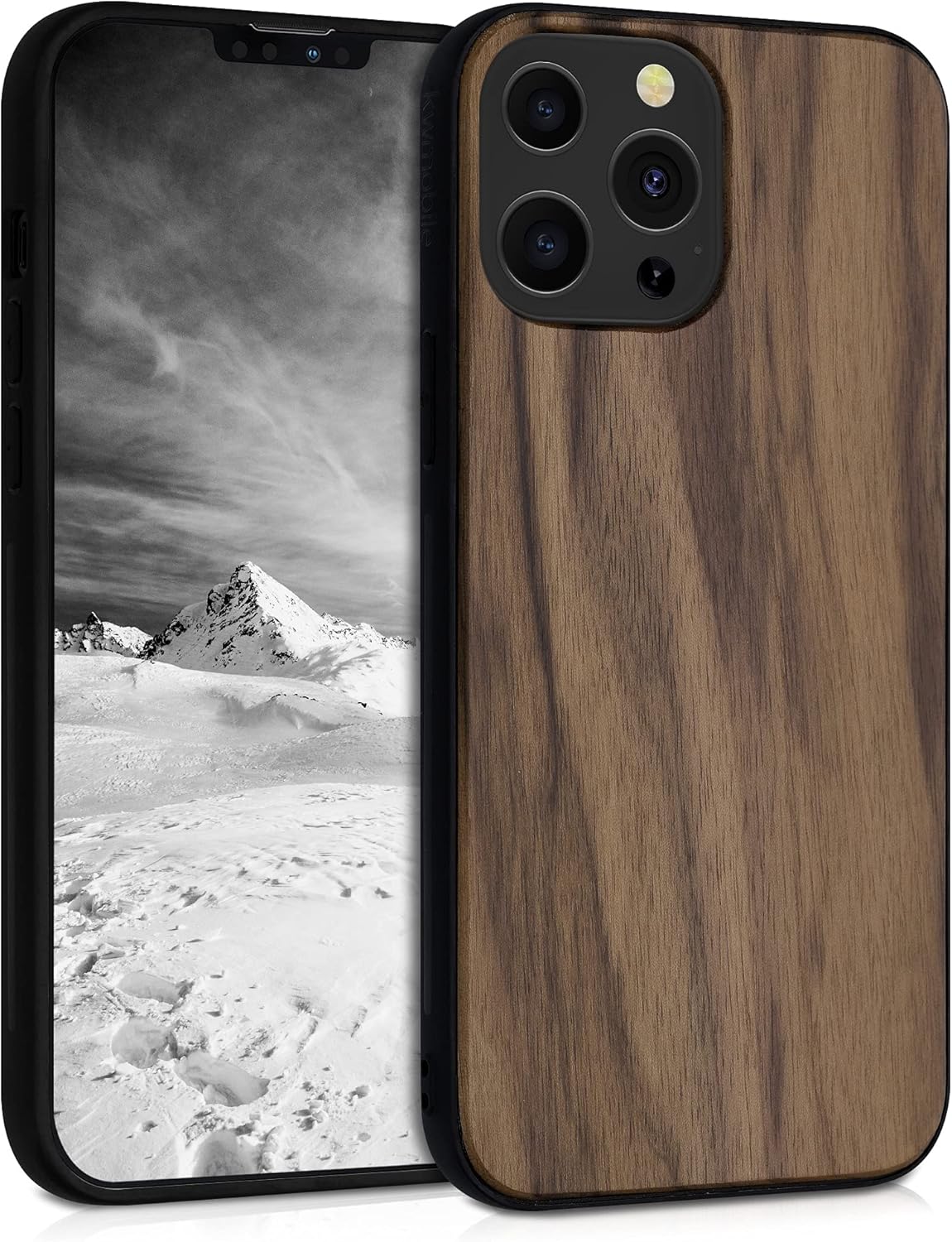 kwmobile Real Wood Case Compatible with Apple iPhone 13 Pro Max Case - Hard Wooden Cover w/TPU Bumper - Dark Brown