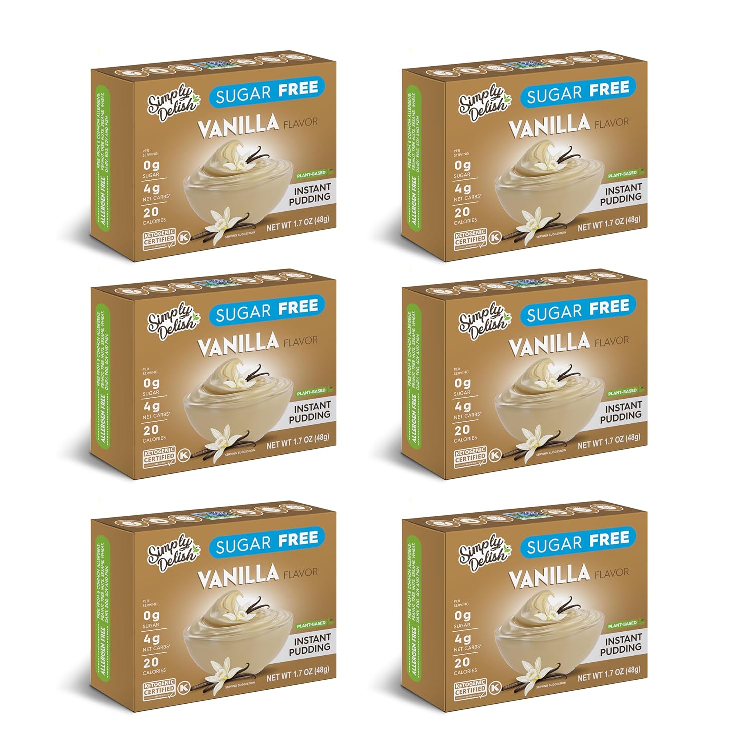 Simply Delish Instant Delicious Vanilla Keto Pudding 6 pack  Low Carb, Zero Sugar, Gluten Free, Allergen Free, Non-GMO, Vegan & Plant-Based