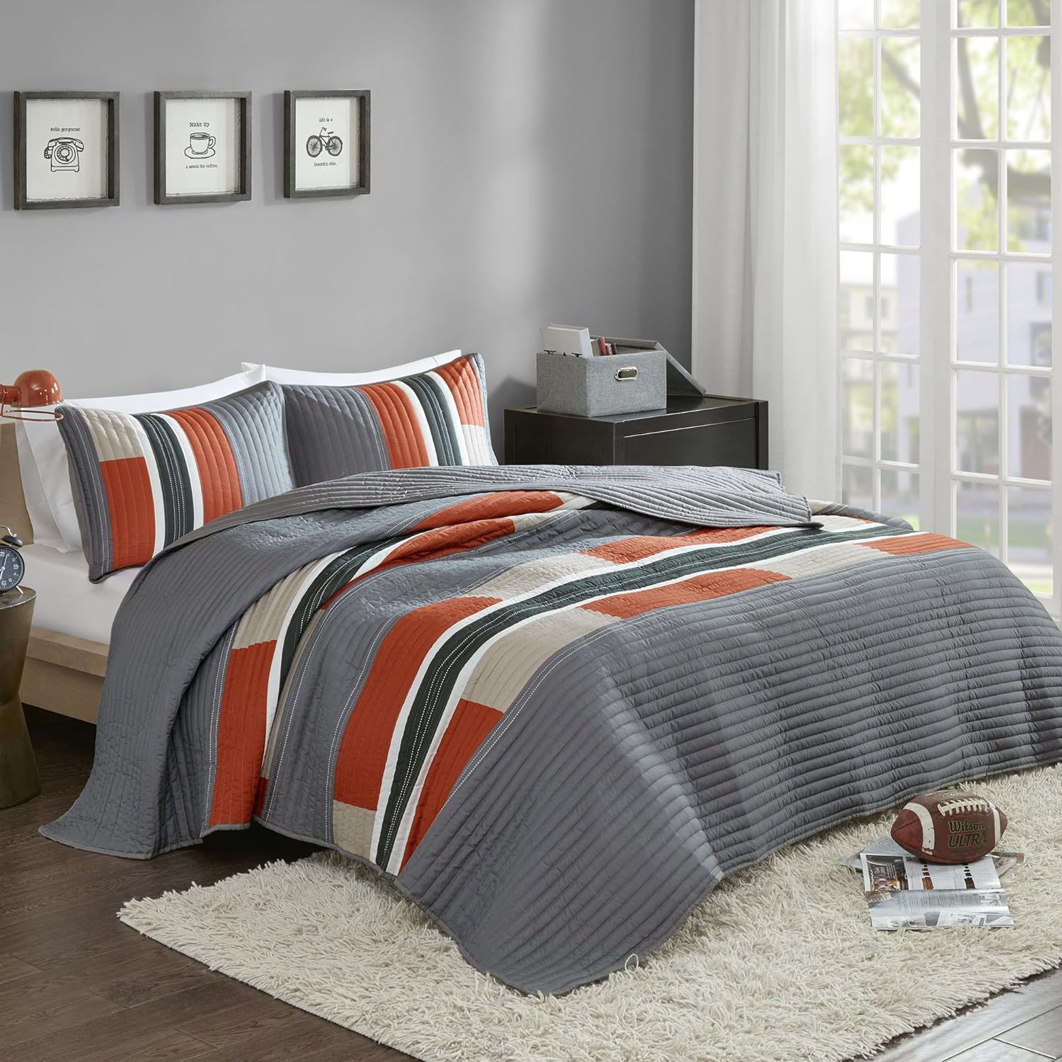 Comfort Spaces Quilt Set Trendy Casual Fun, Vibrant Color Design, Hypoallergenic All Season, Lightweight Coverlet Bedspread Cozy Kids Bedding & Sham Twin/Twin XL Pierre Grey Orange Stripe 2 Piece