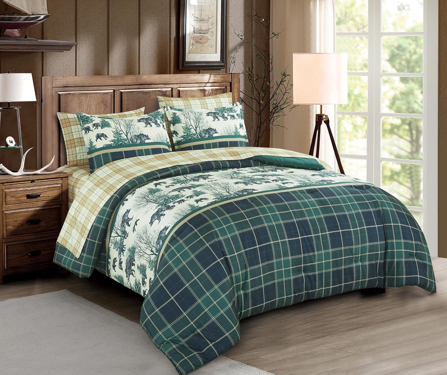 Chezmoi Collection Alpine 7-Piece Northwest Cabin Lodge Bed in a Bag California King Comforter Set - Blue Green Ivory Tan Grizzly Bear Pine Tree Wilderness Printed Microfiber Bedding Set