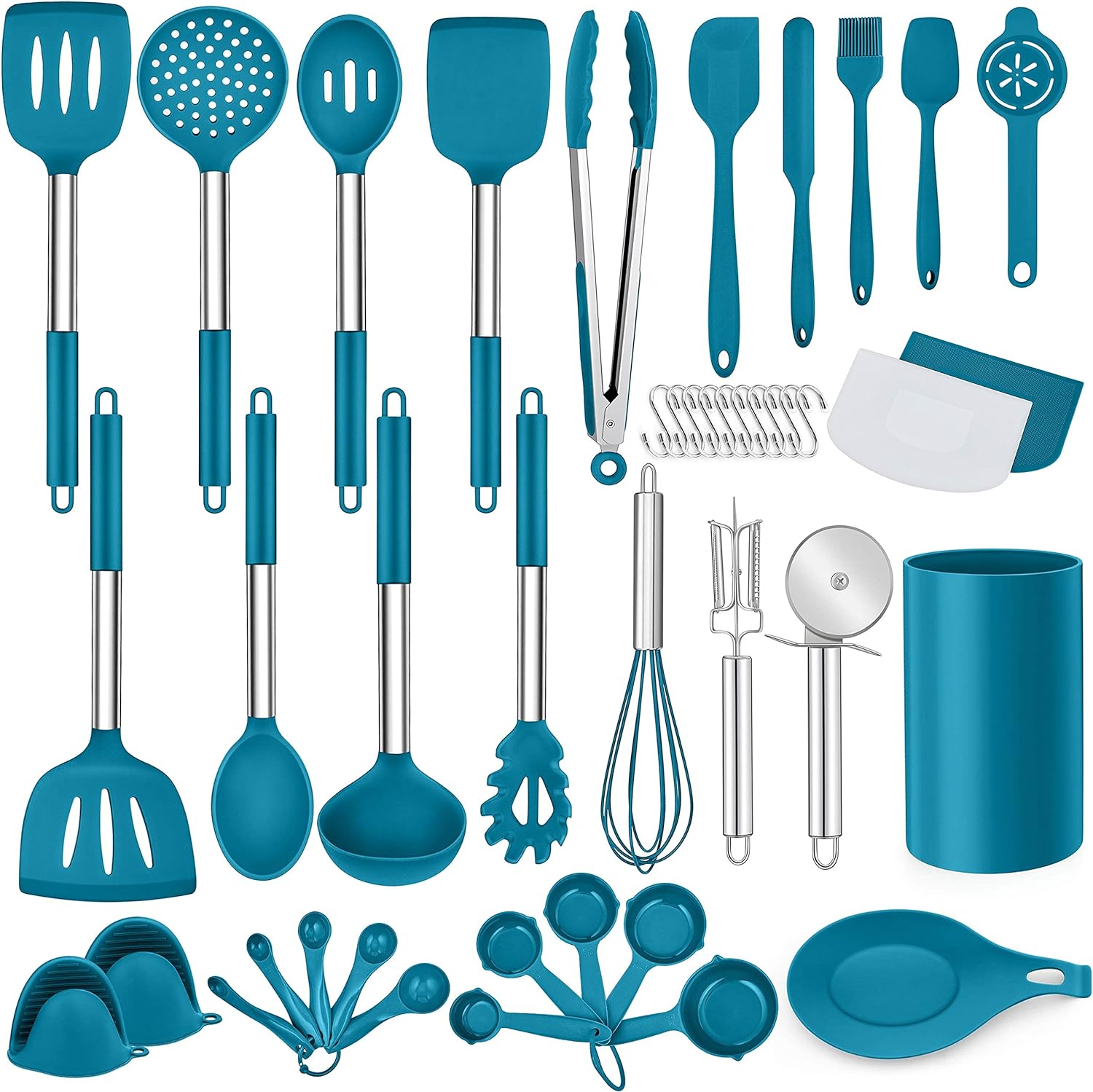 LIANYU 43 Pcs Silicone Kitchen Cooking Utensils with Holder, Heat Resistant Spatula Set with Stainless Steel Handle, Kitchen Cooking Gadgets Tools for Nonstick Cookware Set, Blue