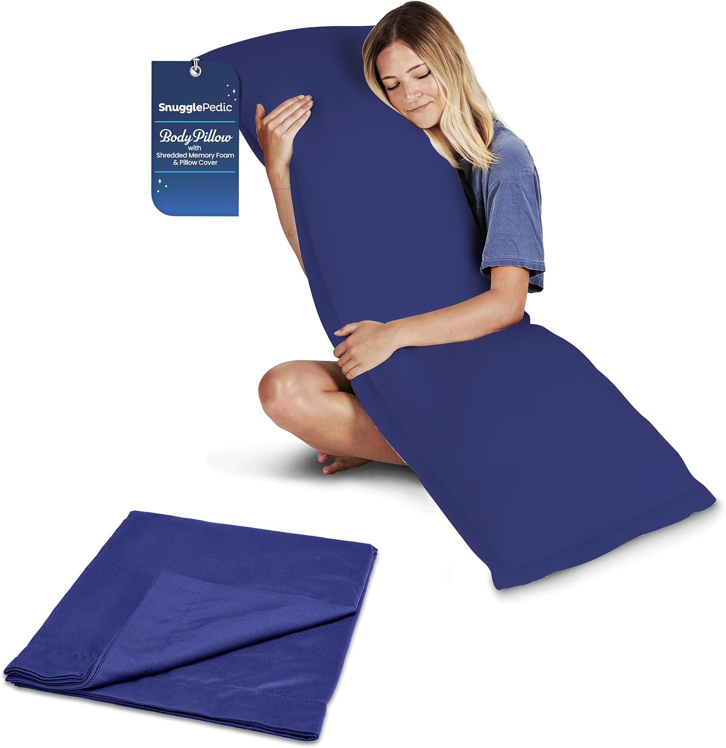 Snuggle-Pedic Body Pillow for Adults w/Navy Pillowcase - Pregnancy Pillows w/Shredded Memory Foam - Firm Maternity Side Sleeper Pillow for Adults - Long Cuddle Pillow for Bed - 20x54