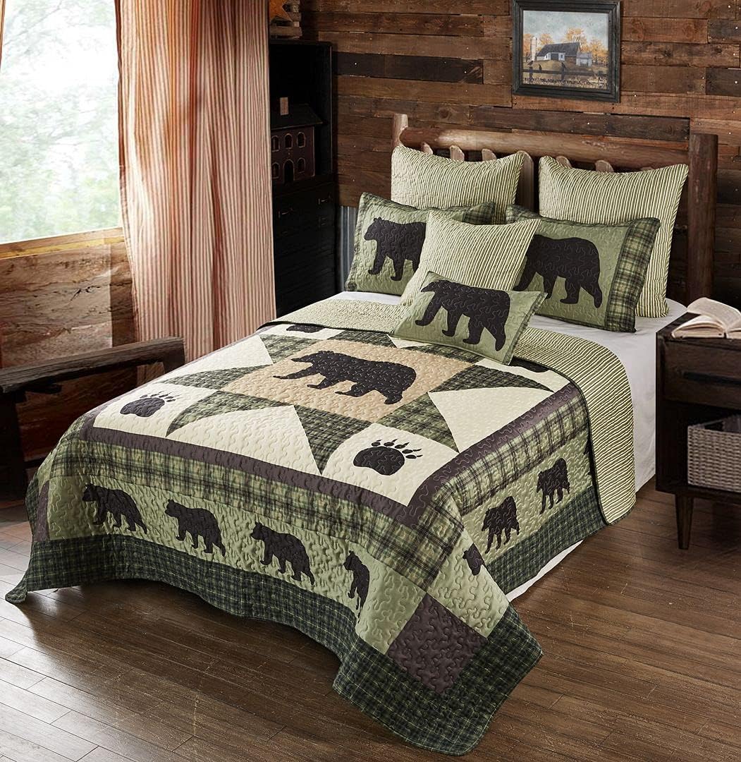 Virah Bella 3 Piece King Lodge Quilt Bedding Set - Bear Star - Rustic Cabin Country Reversible Camping Comforter Set with Decorative Pillow Shams, Green/White