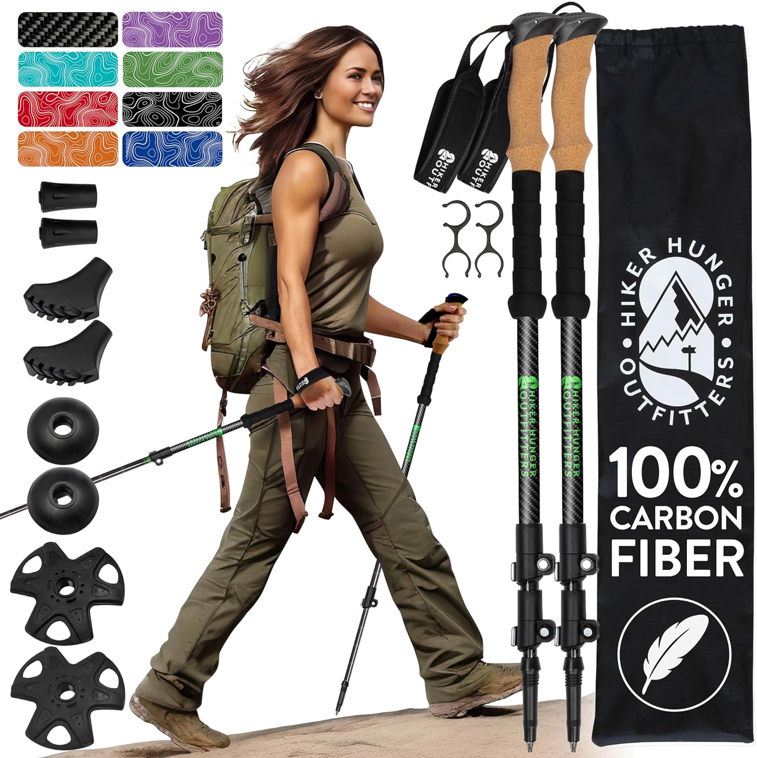 100% Carbon Fiber Trekking Poles by USA Brand - Ultra Strong Lightweight Collapsible Hiking Poles w/Cork or EVA Foam Grips & Quick Adjustable Flip Locks