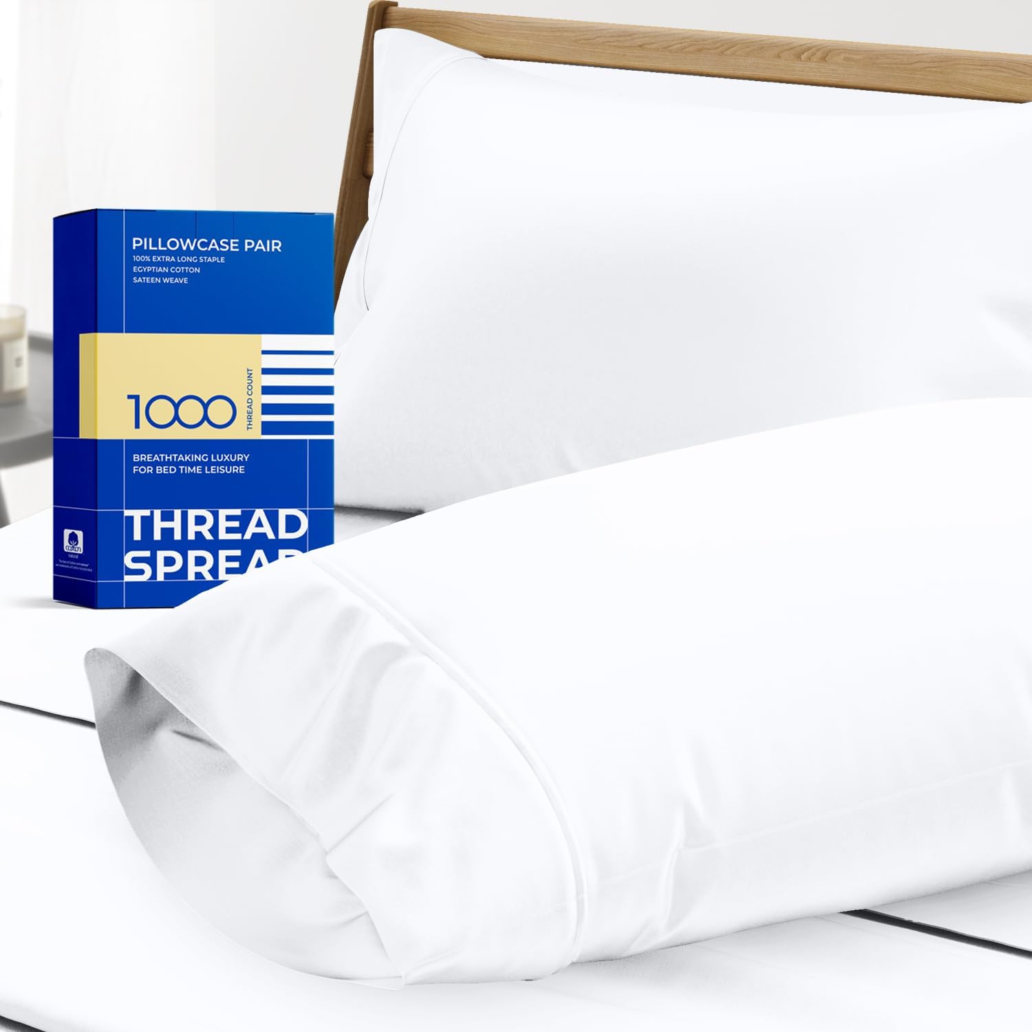 THREAD SPREAD 100% Egyptian Cotton Standard/Queen Size Pillow Cases Set of 2-1000 Thread Count Pillow Cover - Soft, Cooling Bright White Pillowcases Set of 2 for Standard/Queen Pillows