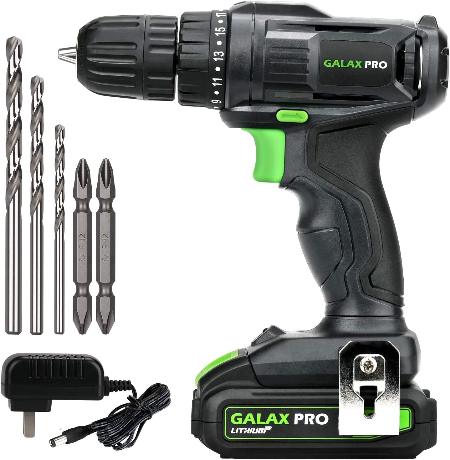 GALAX PRO 20V Cordless Drill Driver with Work Light, Max Torque 20N.m, 3/8 Inch Keyless Chuck, 19+1 Position, Single Speed 0-600RPM, 1.3Ah Battery and Charger Included