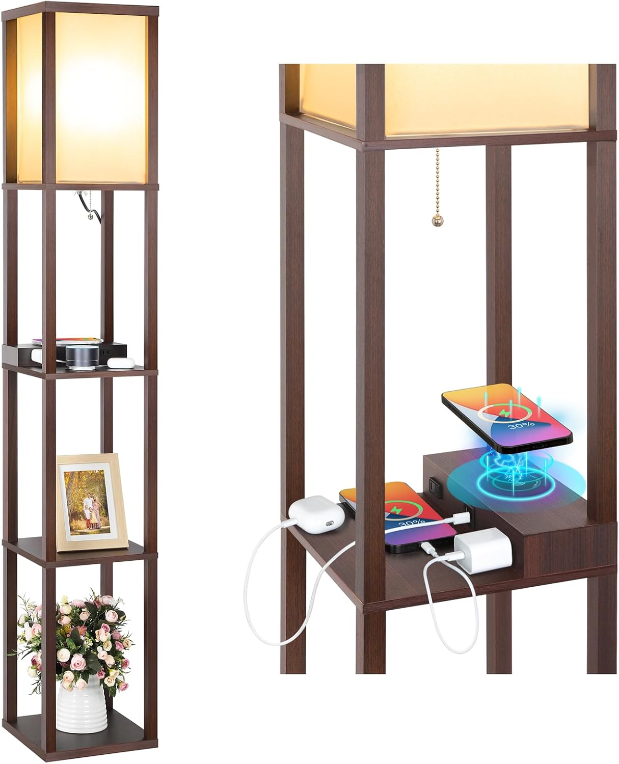 Mlambert Modern Shelf Floor Lamp with Wireless Charger & Fast Charging USB Ports & Type C Port & 2 Power Outlets,3 Tier Storage Lamp for Bedroom,Brown